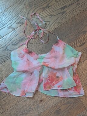 ASOS Pink and Mint Floral Halter Camisole Top Whimsical Fairy Cropped